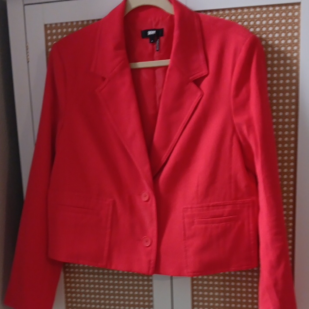 Dkny Red Cropped Blazer with Notched Lapels